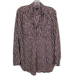 Ann Taylor Blouse Tunic Women's Sz M red white houndstooth long sleeve‎